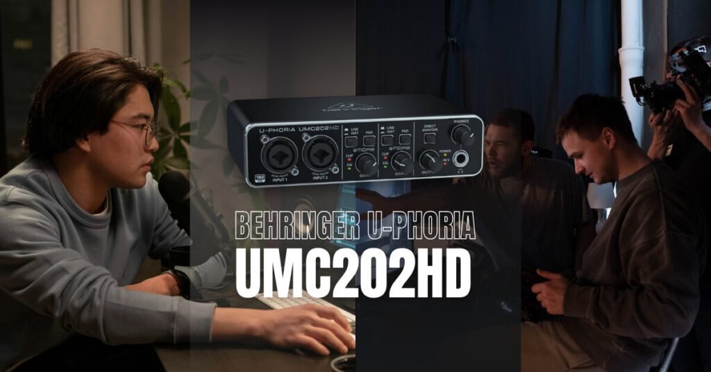 Una persona en podcast y un equipo de producción con una interfaz umc202hd en medio.